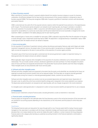 b. Value of business acquired
When a portfolio of insurance contracts is acquired, whether directly from another insurance company or as part of a business
combination, the difference between the fair value and the carrying amount of the insurance liabilities is recognized as value of
business acquired (VOBA). The Group also recognizes VOBA when it acquires a portfolio of investment contracts with discretionary
participation features.
VOBA is amortized over the useful life of the acquired contracts, based on either the expected future premiums or the expected gross
profit margins. The amortization period and pattern are reviewed at each reporting date; any change in estimates is recorded in
the income statement. For all products, VOBA, in conjunction with deferred policy acquisition costs (DPAC) where appropriate, is
assessed for recoverability on a country-by-country basis and the portion determined not to be recoverable is charged to the income
statement. VOBA is considered in the liability adequacy test for each reporting period.
When unrealized gains or losses arise on available-for-sale assets, VOBA is adjusted to equal the effect that the realization of the gains
or losses (through a sale or impairment) would have had on VOBA. The adjustment is recognized directly in shareholders’ equity. VOBA
is derecognized when the related contracts are settled or disposed.
c. Future servicing rights
On the acquisition of a portfolio of investment contracts without discretionary participation features under which Aegon will render
investment management services, the present value of future servicing rights is recognized as an intangible asset. Future servicing
rights can also be recognized on the sale of a loan portfolio or the acquisition of insurance agency activities.
The present value of the future servicing rights is amortized over the servicing period and is subject to impairment testing. It is
derecognized when the related contracts are settled or disposed.
Where applicable, Aegon recognizes other intangibles on the acquisition of a business combination such as those related to customer
relationships. This can include customer contracts, distribution agreements and client portfolios. For these intangibles the present
value of future cash flows are recognized and amortized in the period when future economic benefits arise from these intangibles.
These intangible assets are also presented under future servicing rights.
d. Software and other intangible assets
Software and other intangible assets are recognized to the extent that the assets can be identified, are controlled by the Group, are
expected to provide future economic benefits and can be measured reliably. The Group does not recognize internally generated
intangible assets arising from research or internally generated goodwill, brands, customer lists and similar items.
Software and other intangible assets are carried at cost less accumulated depreciation and impairment losses. Depreciation of
the asset is over its useful life as the future economic benefits emerge and is recognized in the income statement as an expense.
The depreciation period and pattern are reviewed at each reporting date, with any changes recognized in the income statement.
An intangible asset is derecognized when it is disposed of or when no future economic benefits are expected from its use or disposal.
2.7 Investments
General account investments comprise financial assets, excluding derivatives, as well as investments in real estate.
a. Financial assets, excluding derivatives
Financial assets are recognized on the trade date when the Group becomes a party to the contractual provisions of the instrument and
are classified for accounting purposes depending on the characteristics of the instruments and the purpose for which they were
purchased.
Classification
The following financial assets are measured at fair value through profit or loss: financial assets held for trading, financial assets
managed on a fair value basis in accordance with the Group’s investment strategy and financial assets containing an embedded
derivative that is not closely related and that cannot be reliably bifurcated. In addition, in certain instances the Group designates
financial assets to this category when by doing so a potential accounting mismatch in the financial statements is eliminated or
significantly reduced.
Notes to the consolidated financial statements  Note 2142
Annual Report 2015 CONTENTSCONTENTS
 
