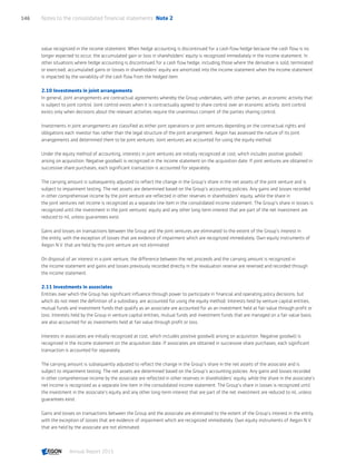 value recognized in the income statement. When hedge accounting is discontinued for a cash flow hedge because the cash flow is no
longer expected to occur, the accumulated gain or loss in shareholders’ equity is recognized immediately in the income statement. In
other situations where hedge accounting is discontinued for a cash flow hedge, including those where the derivative is sold, terminated
or exercised, accumulated gains or losses in shareholders’ equity are amortized into the income statement when the income statement
is impacted by the variability of the cash flow from the hedged item.
2.10 Investments in joint arrangements
In general, joint arrangements are contractual agreements whereby the Group undertakes, with other parties, an economic activity that
is subject to joint control. Joint control exists when it is contractually agreed to share control over an economic activity. Joint control
exists only when decisions about the relevant activities require the unanimous consent of the parties sharing control.
Investments in joint arrangements are classified as either joint operations or joint ventures depending on the contractual rights and
obligations each investor has rather than the legal structure of the joint arrangement. Aegon has assessed the nature of its joint
arrangements and determined them to be joint ventures. Joint ventures are accounted for using the equity method.
Under the equity method of accounting, interests in joint ventures are initially recognized at cost, which includes positive goodwill
arising on acquisition. Negative goodwill is recognized in the income statement on the acquisition date. If joint ventures are obtained in
successive share purchases, each significant transaction is accounted for separately.
The carrying amount is subsequently adjusted to reflect the change in the Group’s share in the net assets of the joint venture and is
subject to impairment testing. The net assets are determined based on the Group’s accounting policies. Any gains and losses recorded
in other comprehensive income by the joint venture are reflected in other reserves in shareholders’ equity, while the share in
the joint ventures net income is recognized as a separate line item in the consolidated income statement. The Group’s share in losses is
recognized until the investment in the joint ventures' equity and any other long-term interest that are part of the net investment are
reduced to nil, unless guarantees exist.
Gains and losses on transactions between the Group and the joint ventures are eliminated to the extent of the Group’s interest in
the entity, with the exception of losses that are evidence of impairment which are recognized immediately. Own equity instruments of
Aegon N.V. that are held by the joint venture are not eliminated.
On disposal of an interest in a joint venture, the difference between the net proceeds and the carrying amount is recognized in
the income statement and gains and losses previously recorded directly in the revaluation reserve are reversed and recorded through
the income statement.
2.11 Investments in associates
Entities over which the Group has significant influence through power to participate in financial and operating policy decisions, but
which do not meet the definition of a subsidiary, are accounted for using the equity method. Interests held by venture capital entities,
mutual funds and investment funds that qualify as an associate are accounted for as an investment held at fair value through profit or
loss. Interests held by the Group in venture capital entities, mutual funds and investment funds that are managed on a fair value basis,
are also accounted for as investments held at fair value through profit or loss.
Interests in associates are initially recognized at cost, which includes positive goodwill arising on acquisition. Negative goodwill is
recognized in the income statement on the acquisition date. If associates are obtained in successive share purchases, each significant
transaction is accounted for separately.
The carrying amount is subsequently adjusted to reflect the change in the Group’s share in the net assets of the associate and is
subject to impairment testing. The net assets are determined based on the Group’s accounting policies. Any gains and losses recorded
in other comprehensive income by the associate are reflected in other reserves in shareholders’ equity, while the share in the associate’s
net income is recognized as a separate line item in the consolidated income statement. The Group’s share in losses is recognized until
the investment in the associate’s equity and any other long-term interest that are part of the net investment are reduced to nil, unless
guarantees exist.
Gains and losses on transactions between the Group and the associate are eliminated to the extent of the Group’s interest in the entity,
with the exception of losses that are evidence of impairment which are recognized immediately. Own equity instruments of Aegon N.V.
that are held by the associate are not eliminated.
Notes to the consolidated financial statements  Note 2146
Annual Report 2015 CONTENTSCONTENTS
 