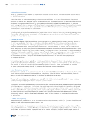 Guaranteed minimum benefits
Certain life insurance contracts, issued by the Group, contain guaranteed minimum benefits. Bifurcated guaranteed minimum benefits
are classified as derivatives.
In the United States, the additional liability for guaranteed minimum benefits that are not bifurcated is determined each period by
estimating the expected value of benefits in excess of the projected account balance and recognizing the excess over the accumulation
period based on total expected assessments. The estimates are reviewed regularly and any resulting adjustment to the additional
liability is recognized in the income statement. The benefits used in calculating the liabilities are based on the average benefits payable
over a range of stochastic scenarios. Where applicable, the calculation of the liability incorporates a percentage of the potential
annuitizations that may be elected by the contract holder.
In the Netherlands, an additional liability is established for guaranteed minimum investment returns on group pension plans with profit
sharing and on traditional insurance contracts, with profit sharing based on an external interest index, that are not bifurcated. These
guarantees are measured at fair value.
d. Shadow accounting
Shadow accounting allows that all gains and losses on investments affect the measurement of the insurance assets and liabilities in
the same way, regardless of whether they are realized or unrealized and regardless of whether the unrealized gains and losses are
recognized in the income statement or directly in equity in the revaluation reserve. In some instances, realized gains or losses on
investments have a direct effect on the measurement of the insurance assets and liabilities. For example, some insurance contracts
include benefits that are contractually based on the investment returns realized by the insurer. In addition, realization of gains or losses
on available-for-sale investments can lead to unlocking of VOBA or DPAC and can also affect the outcome of the liability adequacy test
to the extent that it considers actual future investment returns. For similar changes in unrealized gains and losses, shadow accounting
is applied. If an unrealized gain or loss triggers a shadow accounting adjustment to VOBA, DPAC or the insurance liabilities,
the corresponding adjustment is recognized through other comprehensive income in the revaluation reserve, together with
the unrealized gain or loss.
Some profit sharing schemes issued by the Group entitle the policyholder to a bonus which is based on the actual total return on
specific assets held. To the extent that the bonus relates to gains or losses on available-for-sale investments for which the unrealized
gains or losses are recognized in the revaluation reserve in equity, shadow accounting is applied. This means that the increase in
the liability is also charged to equity to offset the unrealized gains rather than to the income statement.
e. Non-life insurance contracts
Non-life insurance contracts are insurance contracts where the insured event is not life-contingent. For non-life products the insurance
liability generally includes reserves for unearned premiums, unexpired risk, inadequate premium levels and outstanding claims and
benefits. No catastrophe or equalization reserves are included in the measurement of the liability.
The reserve for unearned premiums includes premiums received for risks that have not yet expired. Generally, the reserve is released
over the coverage period of the premium and is recognized as premium income.
The liability for outstanding claims and benefits is established for claims that have not been settled and any related cash flows, such as
claims handling costs. It includes claims that have been incurred but have not been reported to the Group. The liability is calculated at
the reporting date using statistical methods based on empirical data and current assumptions that may include a margin for adverse
deviation. Liabilities for claims subject to periodic payment are calculated using actuarial methods consistent with those applied to life
insurance contracts. Discounting is applied if allowed by the local accounting principles used to measure the insurance liabilities.
Discounting of liabilities is generally applied when there is a high level of certainty concerning the amount and settlement term of
the cash outflows.
f. Liability adequacy testing
At each reporting date, the adequacy of the life insurance liabilities (including life insurance contracts for account of policyholders), net
of VOBA and DPAC, is assessed using a liability adequacy test.
All tests performed within the Group are based on current estimates of all contractual future cash flows, including related cash flows
from policyholder options and guarantees. A number of valuation methods are applied, including discounted cash flow methods, option
pricing models and stochastic modeling. Aggregation levels are set either on geographical jurisdiction or at the level of portfolio of
Notes to the consolidated financial statements  Note 2152
Annual Report 2015 CONTENTSCONTENTS
 