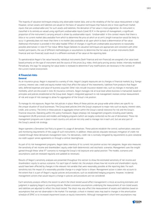 The majority of valuation techniques employ only observable market data, and so the reliability of the fair value measurement is high.
However, certain assets and liabilities are valued on the basis of valuation techniques that feature one or more significant market
inputs that are unobservable and, for such assets and liabilities, the derivation of fair value is more judgmental. An instrument is
classified in its entirety as valued using significant unobservable inputs (Level III) if, in the opinion of management, a significant
proportion of the instrument’s carrying amount is driven by unobservable inputs. 'Unobservable' in this context means that there is
little or no current market data available from which to determine the price at which an at arm’s length transaction would be likely to
occur. It generally does not mean that there is no market data available at all upon which to base a determination of fair value.
Additional information is provided in the table headed 'Effect of changes in significant unobservable assumptions to reasonably
possible alternatives' in note 47 Fair Value. While Aegon believes its valuation techniques are appropriate and consistent with other
market participants, the use of different methodologies or assumptions to determine the fair value of certain instruments (both
financial and non-financial) could result in a different estimate of fair value at the reporting date.
To operationalize Aegon’s fair value hierarchy, individual instruments (both financial and non-financial) are assigned a fair value level
based primarily on the type of instrument and the source of the prices (e.g. index, third-party pricing service, broker, internally modeled).
Periodically, this logic for assigning fair value levels is reviewed to determine if any modifications are necessary in the context of
the current market environment.
4 Financial risks
General
As an insurance group, Aegon is exposed to a variety of risks. Aegon’s largest exposures are to changes in financial markets (e.g. foreign
currency, interest rate, credit and equity market risks) that affect the value of the investments, liabilities from products that Aegon
sells, deferred expenses and value of business acquired. Other risks include insurance related risks, such as changes in mortality and
morbidity, which are discussed in note 36 Insurance contracts. Aegon manages risk at local level where business is transacted, based on
principles and policies established at the Group level. Aegon’s integrated approach to risk management involves similar measurement
of risk and scope of risk coverage to allow for aggregation of the Group’s risk position.
To manage its risk exposure, Aegon has risk policies in place. Many of these policies are group-wide while others are specific to
the unique situation of local businesses. The Group level policies limit the Group’s exposure to major risks such as equity, interest rates,
credit, and currency. The limits in these policies in aggregate remain within the Group’s overall tolerance for risk and the Group’s
financial resources. Operating within this policy framework, Aegon employs risk management programs including asset liability
management (ALM) processes and models and hedging programs (which are largely conducted via the use of derivatives). These risk
management programs are in place in each country unit and are not only used to manage risk in each unit, but are also part of
the Group’s overall risk strategy.
Aegon operates a Derivative Use Policy to govern its usage of derivatives. These policies establish the control, authorization, execution
and monitoring requirements of the usage of such instruments. In addition, these policies stipulate necessary mitigation of credit risk
created through these derivatives management tools. For derivatives, credit risk is normally mitigated by requirements to post collateral
via credit support annex agreements or through a central clearinghouse.
As part of its risk management programs, Aegon takes inventory of its current risk position across risk categories. Aegon also measures
the sensitivity of net income and shareholders' equity under both deterministic and stochastic scenarios. Management uses the insight
gained through these 'what if?' scenarios to manage the Group’s risk exposure and capital position. The models, scenarios and
assumptions used are reviewed regularly and updated as necessary.
Results of Aegon’s sensitivity analyses are presented throughout this section to show the estimated sensitivity of net income and
shareholders’ equity to various scenarios. For each type of market risk, the analysis shows how net income and shareholders’ equity
would have been affected by changes in the relevant risk variable that were reasonably possible at the reporting date. For each
sensitivity test the impact of a reasonably possible change in a single factor is shown. Management action is taken into account to
the extent that it is part of Aegon’s regular policies and procedures, such as established hedging programs. However, incidental
management actions that would require a change in policies and procedures are not considered.
Each sensitivity analysis reflects the extent to which the shock tested would affect management’s critical accounting estimates and
judgment in applying Aegon’s accounting policies. Market-consistent assumptions underlying the measurement of non-listed assets
and liabilities are adjusted to reflect the shock tested. The shock may also affect the measurement of assets and liabilities based on
assumptions that are not observable in the market. For example, a shock in interest rates may lead to changes in the amortization
schedule of DPAC or to increased impairment losses on equity investments. Although management’s short-term assumptions may
163
CONTENTSCONTENTS
 