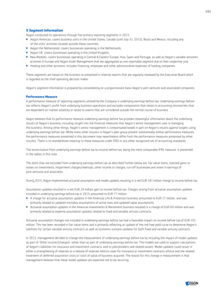5 Segment information
Aegon conducted its operations through five primary reporting segments in 2015:
 Aegon Americas: covers business units in the United States, Canada (until July 31, 2015), Brazil and Mexico, including any
of the units’ activities located outside these countries;
 Aegon the Netherlands: covers businesses operating in the Netherlands;
 Aegon UK: covers businesses operating in the United Kingdom;
 New Markets: covers businesses operating in Central  Eastern Europe; Asia, Spain and Portugal, as well as Aegon’s variable annuities
activities in Europe and Aegon Asset Management that are aggregated as one reportable segment due to their respective size;
 Holding and other activities: includes financing, employee and other administrative expenses of holding companies.
These segments are based on the business as presented in internal reports that are regularly reviewed by the Executive Board which
is regarded as the chief operating decision maker.
Aegon’s segment information is prepared by consolidating on a proportionate basis Aegon’s joint ventures and associated companies.
Performance Measure
A performance measure of reporting segments utilized by the Company is underlying earnings before tax. Underlying earnings before
tax reflects Aegon’s profit from underlying business operations and excludes components that relate to accounting mismatches that
are dependent on market volatility or relate to events that are considered outside the normal course of business.
Aegon believes that its performance measure underlying earnings before tax provides meaningful information about the underlying
results of Aegon’s business, including insight into the financial measures that Aegon’s senior management uses in managing
the business. Among other things, Aegon’s senior management is compensated based in part on Aegon’s results against targets using
underlying earnings before tax. While many other insurers in Aegon’s peer group present substantially similar performance measures,
the performance measures presented in this document may nevertheless differ from the performance measures presented by other
insurers. There is no standardized meaning to these measures under IFRS or any other recognized set of accounting standards.
The reconciliation from underlying earnings before tax to income before tax, being the most comparable IFRS measure, is presented
in the tables in this note.
The items that are excluded from underlying earnings before tax as described further below are: fair value items, realized gains or
losses on investments, impairment charges/reversals, other income or charges, run-off businesses and share in earnings of
joint ventures and associates.
During 2015, Aegon implemented actuarial assumption and model updates resulting in a net EUR 181 million charge to income before tax.
Assumption updates resulted in a net EUR 24 million gain to income before tax. Charges arising from actuarial assumption updates
included in underlying earnings before tax in 2015 amounted to EUR 77 million:
 A charge for actuarial assumption updates in the Americas Life  Protection business amounted to EUR 17 million, and was
primarily related to updated mortality assumptions of active lives and updated lapse assumptions.
 Actuarial assumption updates in the Americas Investments  Retirement business resulted in a charge of EUR 60 million and was
primarily related to expense assumption updates related to fixed and variable annuity contracts.
Actuarial assumption changes not included in underlying earnings before tax had a favorable impact on income before tax of EUR 101
million. This has been recorded in fair value items and is primarily reflecting an update of the risk free yield curve to determine Aegon’s
liabilities for certain variable annuity contracts as well as economic scenario updates for both fixed and variable annuity contracts.
In 2015, management decided to change the measurement of underlying earnings before tax by including the impact of model updates
as part of ‘Other income/(charges)’ rather than as part of underlying earnings before tax. The models are used to support calculations
of Aegon’s liabilities for insurance and investment contracts sold to policyholders and related assets. Model updates could result in
either a strengthening of reserves or a release of reserves held to cover for insurance or investment contracts inforce and the related
treatment of deferred acquisition costs or costs of value of business acquired. The reason for this change in measurement is that
management believes that these model updates are expected not to be recurring.
191
CONTENTSCONTENTS
 