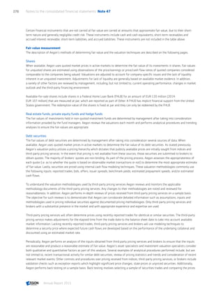 Certain financial instruments that are not carried at fair value are carried at amounts that approximate fair value, due to their short-
term nature and generally negligible credit risk. These instruments include cash and cash equivalents, short-term receivables and
accrued interest receivable, short-term liabilities, and accrued liabilities. These instruments are not included in the table above.
Fair value measurement
The description of Aegon’s methods of determining fair value and the valuation techniques are described on the following pages.
Shares
When available, Aegon uses quoted market prices in active markets to determine the fair value of its investments in shares. Fair values
for unquoted shares are estimated using observations of the price/earnings or price/cash flow ratios of quoted companies considered
comparable to the companies being valued. Valuations are adjusted to account for company-specific issues and the lack of liquidity
inherent in an unquoted investment. Adjustments for lack of liquidity are generally based on available market evidence. In addition,
a variety of other factors are reviewed by management, including, but not limited to, current operating performance, changes in market
outlook and the third-party financing environment.
Available-for-sale shares include shares in a Federal Home Loan Bank (FHLB) for an amount of EUR 120 million (2014:
EUR 107 million) that are measured at par, which are reported as part of Other. A FHLB has implicit financial support from the United
States government. The redemption value of the shares is fixed at par and they can only be redeemed by the FHLB.
Real estate funds, private equity funds and hedge funds
The fair values of investments held in non-quoted investment funds are determined by management after taking into consideration
information provided by the fund managers. Aegon reviews the valuations each month and performs analytical procedures and trending
analyses to ensure the fair values are appropriate.
Debt securities
The fair values of debt securities are determined by management after taking into consideration several sources of data. When
available, Aegon uses quoted market prices in active markets to determine the fair value of its debt securities. As stated previously,
Aegon’s valuation policy utilizes a pricing hierarchy which dictates that publicly available prices are initially sought from indices and
third-party pricing services. In the event that pricing is not available from these sources, those securities are submitted to brokers to
obtain quotes. The majority of brokers’ quotes are non-binding. As part of the pricing process, Aegon assesses the appropriateness of
each quote (i.e. as to whether the quote is based on observable market transactions or not) to determine the most appropriate estimate
of fair value. Lastly, securities are priced using internal cash flow modeling techniques. These valuation methodologies commonly use
the following inputs: reported trades, bids, offers, issuer spreads, benchmark yields, estimated prepayment speeds, and/or estimated
cash flows.
To understand the valuation methodologies used by third-party pricing services Aegon reviews and monitors the applicable
methodology documents of the third-party pricing services. Any changes to their methodologies are noted and reviewed for
reasonableness. In addition, Aegon performs in-depth reviews of prices received from third-party pricing services on a sample basis.
The objective for such reviews is to demonstrate that Aegon can corroborate detailed information such as assumptions, inputs and
methodologies used in pricing individual securities against documented pricing methodologies. Only third-party pricing services and
brokers with a substantial presence in the market and with appropriate experience and expertise are used.
Third-party pricing services will often determine prices using recently reported trades for identical or similar securities. The third-party
pricing service makes adjustments for the elapsed time from the trade date to the balance sheet date to take into account available
market information. Lacking recently reported trades, third-party pricing services and brokers will use modeling techniques to
determine a security price where expected future cash flows are developed based on the performance of the underlying collateral and
discounted using an estimated market rate.
Periodically, Aegon performs an analysis of the inputs obtained from third-party pricing services and brokers to ensure that the inputs
are reasonable and produce a reasonable estimate of fair value. Aegon’s asset specialists and investment valuation specialists consider
both qualitative and quantitative factors as part of this analysis. Several examples of analytical procedures performed include, but are
not limited to, recent transactional activity for similar debt securities, review of pricing statistics and trends and consideration of recent
relevant market events. Other controls and procedures over pricing received from indices, third-party pricing services, or brokers include
validation checks such as exception reports which highlight significant price changes, stale prices or unpriced securities. Additionally,
Aegon performs back testing on a sample basis. Back testing involves selecting a sample of securities trades and comparing the prices
Notes to the consolidated financial statements  Note 47270
Annual Report 2015 CONTENTSCONTENTS
 