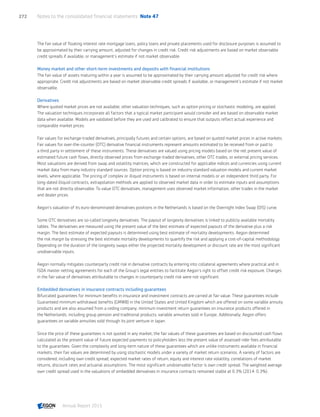 The fair value of floating interest rate mortgage loans, policy loans and private placements used for disclosure purposes is assumed to
be approximated by their carrying amount, adjusted for changes in credit risk. Credit risk adjustments are based on market observable
credit spreads if available, or management’s estimate if not market observable.
Money market and other short-term investments and deposits with financial institutions
The fair value of assets maturing within a year is assumed to be approximated by their carrying amount adjusted for credit risk where
appropriate. Credit risk adjustments are based on market observable credit spreads if available, or management’s estimate if not market
observable.
Derivatives
Where quoted market prices are not available, other valuation techniques, such as option pricing or stochastic modeling, are applied.
The valuation techniques incorporate all factors that a typical market participant would consider and are based on observable market
data when available. Models are validated before they are used and calibrated to ensure that outputs reflect actual experience and
comparable market prices.
Fair values for exchange-traded derivatives, principally futures and certain options, are based on quoted market prices in active markets.
Fair values for over-the-counter (OTC) derivative financial instruments represent amounts estimated to be received from or paid to
a third party in settlement of these instruments. These derivatives are valued using pricing models based on the net present value of
estimated future cash flows, directly observed prices from exchange-traded derivatives, other OTC trades, or external pricing services.
Most valuations are derived from swap and volatility matrices, which are constructed for applicable indices and currencies using current
market data from many industry standard sources. Option pricing is based on industry standard valuation models and current market
levels, where applicable. The pricing of complex or illiquid instruments is based on internal models or an independent third party. For
long-dated illiquid contracts, extrapolation methods are applied to observed market data in order to estimate inputs and assumptions
that are not directly observable. To value OTC derivatives, management uses observed market information, other trades in the market
and dealer prices.
Aegon’s valuation of its euro-denominated derivatives positions in the Netherlands is based on the Overnight Index Swap (OIS) curve.
Some OTC derivatives are so-called longevity derivatives. The payout of longevity derivatives is linked to publicly available mortality
tables. The derivatives are measured using the present value of the best estimate of expected payouts of the derivative plus a risk
margin. The best estimate of expected payouts is determined using best estimate of mortality developments. Aegon determined
the risk margin by stressing the best estimate mortality developments to quantify the risk and applying a cost-of-capital methodology.
Depending on the duration of the longevity swaps either the projected mortality development or discount rate are the most significant
unobservable inputs.
Aegon normally mitigates counterparty credit risk in derivative contracts by entering into collateral agreements where practical and in
ISDA master netting agreements for each of the Group’s legal entities to facilitate Aegon’s right to offset credit risk exposure. Changes
in the fair value of derivatives attributable to changes in counterparty credit risk were not significant.
Embedded derivatives in insurance contracts including guarantees
Bifurcated guarantees for minimum benefits in insurance and investment contracts are carried at fair value. These guarantees include
Guaranteed minimum withdrawal benefits (GMWB) in the United States and United Kingdom which are offered on some variable annuity
products and are also assumed from a ceding company; minimum investment return guarantees on insurance products offered in
the Netherlands, including group pension and traditional products; variable annuities sold in Europe. Additionally, Aegon offers
guarantees on variable annuities sold through its joint venture in Japan.
Since the price of these guarantees is not quoted in any market, the fair values of these guarantees are based on discounted cash flows
calculated as the present value of future expected payments to policyholders less the present value of assessed rider fees attributable
to the guarantees. Given the complexity and long-term nature of these guarantees which are unlike instruments available in financial
markets, their fair values are determined by using stochastic models under a variety of market return scenarios. A variety of factors are
considered, including own credit spread, expected market rates of return, equity and interest rate volatility, correlations of market
returns, discount rates and actuarial assumptions. The most significant unobservable factor is own credit spread. The weighted average
own credit spread used in the valuations of embedded derivatives in insurance contracts remained stable at 0.3% (2014: 0.3%).
Notes to the consolidated financial statements  Note 47272
Annual Report 2015 CONTENTSCONTENTS
 