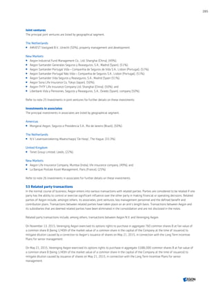 Joint ventures
The principal joint ventures are listed by geographical segment.
The Netherlands
 AMVEST Vastgoed B.V., Utrecht (50%), property management and development.
New Markets
 Aegon Industrial Fund Management Co., Ltd, Shanghai (China), (49%);
 Aegon Santander Generales Seguros y Reaseguros, S.A., Madrid (Spain), (51%);
 Aegon Santander Portugal Vida – Companhia de Seguros de Vida S.A., Lisbon (Portugal), (51%);
 Aegon Santander Portugal Não Vida – Companhia de Seguros S.A., Lisbon (Portugal), (51%);
 Aegon Santander Vida Seguros y Reaseguros, S.A., Madrid (Spain (51%);
 Aegon Sony Life Insurance Co, Tokyo (Japan), (50%);
 Aegon-THTF Life Insurance Company Ltd, Shanghai (China), (50%); and
 Liberbank Vida y Pensiones, Seguros y Reaseguros, S.A., Oviedo (Spain), company (50%).
Refer to note 25 Investments in joint ventures for further details on these investments.
Investments in associates
The principal investments in associates are listed by geographical segment.
Americas
 Mongeral Aegon, Seguros e Previdencia S.A., Rio de Janeiro (Brazil), (50%).
The Netherlands
 N.V. Levensverzekering-Maatschappij 'De Hoop', The Hague, (33.3%).
United Kingdom
 Tenet Group Limited, Leeds, (22%).
New Markets
 Aegon Life Insurance Company, Mumbai (India), life insurance company, (49%); and
 La Banque Postale Asset Management, Paris (France), (25%).
Refer to note 26 Investments in associates for further details on these investments.
53 Related party transactions
In the normal course of business, Aegon enters into various transactions with related parties. Parties are considered to be related if one
party has the ability to control or exercise significant influence over the other party in making financial or operating decisions. Related
parties of Aegon include, amongst others, its associates, joint ventures, key management personnel and the defined benefit and
contribution plans. Transactions between related parties have taken place on an arm’s length basis. Transactions between Aegon and
its subsidiaries that are deemed related parties have been eliminated in the consolidation and are not disclosed in the notes.
Related party transactions include, among others, transactions between Aegon N.V. and Vereniging Aegon.
On November 13, 2015, Vereniging Aegon exercised its options rights to purchase in aggregate 760 common shares B at fair value of
a common share B (being 1/40th of the market value of a common share in the capital of the Company at the time of issuance) to
mitigate dilution caused by a correction to Aegon’s issuance of shares on May 21, 2015, in connection with the Long Term Incentive
Plans for senior management.
On May 21, 2015, Vereniging Aegon exercised its options rights to purchase in aggregate 3,686,000 common shares B at fair value of
a common share B (being 1/40th of the market value of a common share in the capital of the Company at the time of issuance) to
mitigate dilution caused by issuance of shares on May 21, 2015, in connection with the Long Term Incentive Plans for senior
management.
285
CONTENTSCONTENTS
 