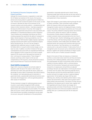 Tax Treatment of Insurance Companies and their
Products and Plans
Although the insurance business is regulated at a state level,
the US federal tax treatment of life insurers, life insurance,
pension and annuity products is governed by the US federal tax
code. Provisions that increase the taxation of life insurers, as well
as remove or decrease the value of tax incentives for life
insurance, pensions and annuity products – considered alone and
relative to other investment vehicles – have been proposed in
the Executive Administration's Fiscal Year 2016 budget for
the US federal government and set forth in discussion drafts and
whitepapers on comprehensive federal tax reform legislation.
These initiatives also contemplate international tax reform,
including proposals that would limit the ability of companies to
deduct interest expense on financing provided by a non-US
affiliate. Executive Administration budget proposals, legislative
proposals and discussion drafts must be enacted by Congress
before they become law. The risk of tax law changes is
heightened when additional revenue is sought to reduce
the federal deficit or to pay for other tax law changes, such as
lower tax rates. In addition, tax reform initiatives of the type
contemplated by discussion drafts of comprehensive federal tax
reform legislation further increase the risk of both increased
taxation of life insurers and of decreased tax incentives for
short- and long-term savings products. These changes, if
enacted, would have a direct impact on the cost and
competitiveness of life insurance, annuity and pension products
sold to ensure Americans' financial and retirement security.
Asset liability management
Aegon USA's insurance companies are primarily subject to
regulation under the laws of the states in which they are
domiciled. Each state's laws prescribe the nature, quality and
percentage of various types of investments that may be made by
the companies. Such laws generally permit investments in
government bonds, corporate debt, preferred and common stock,
real estate and mortgage loans. Limits are generally placed on
other classes of investments.
The key investment strategy for traditional general account
insurance is asset liability management (ALM), whereby
predominately high-quality investment assets are matched in an
optimal way to the corresponding insurance liability. This strategy
takes into account currency, yield and maturity characteristics.
Asset diversification and quality considerations are also taken
into account, along with considerations of the policyholders'
guaranteed or reasonably expected excess interest sharing.
Investment-grade fixed income securities are the main vehicle for
ALM, and Aegon USA's investment personnel are highly skilled
and experienced in these investments.
Aegon USA manages its asset liability matching through the work
of several committees. These committees review strategies,
define risk measures, define and review asset liability
management studies, examine risk-hedging techniques, including
the use of derivatives, and analyze the potential use of new asset
classes. The primary method for analyzing interest rate sensitivity
is the economic capital risk measure. Under this measure,
the sensitivity of assets relative to liabilities is calculated in
a market consistent manner and presented as the risk of loss in
a 1 in 200-year event. Another methodology used to analyze risk
is cash flow testing. Cash flow testing analysis is performed using
computer simulations, which model assets and liabilities under
projected interest rate scenarios and commonly used stress-test
interest rate scenarios. Cash flow testing is run using defined
scenarios and is a real world simulation. It takes various forms of
management action into account such as reinvestment and sales
decisions, together with spreads and defaults on Aegon’s assets,
which is not the case in a market consistent framework.
Based on the results of these risk measures, an investment
portfolio is constructed to best match the cash flow and interest
sensitivity of the underlying liabilities, while trying to maximize
the spread between the yield on the portfolio assets and the rate
credited on the policy liabilities. ALM is a continual process.
Results from the economic framework and scenario testing are
analyzed on an ongoing basis and portfolios are adjusted
accordingly. Decisions are made based on minimizing the amount
of interest rate risk capital, while maximizing expected returns.
These decisions are built into portfolio benchmarks in terms of
duration and asset mix targets, and also in exploring hedging
opportunities. On the liability side, Aegon USA has some
offsetting risks, whereby some liabilities perform better in rising
interest rate environments, while others tend to perform well in
falling interest rate environments. The amount of offset may vary
depending on the absolute level of interest rates, together with
the magnitude and timing of interest rate changes, but it
generally provides some level of diversification. On the asset side,
hedging instruments are continuously studied to determine
whether their cost is commensurate with the risk reduction
they offer.
Business overview  Results of operations – Americas40
Annual Report 2015 CONTENTS
 