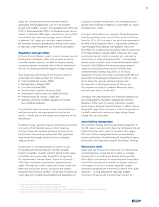 Aegon was ranked third in terms of both the number of
participants and managed assets in 2014 in the voluntary
pension fund market in Hungary‍1
. For managed assets, at the end
of 2015, Aegon was ranked fifth in the Slovakian private pension
market‍2
. In November 2015, Aegon ranked tenth in terms of both
the number of participants and managed assets in Poland‍3
.
At year-end 2015, Aegon was the fourth largest provider in
the Romanian mandatory private pension market, both in terms
of net assets under management and number of participants‍4
.
Regulation and supervision
In Central  Eastern Europe, a single insurance company may only
be licensed for and conduct either a life insurance business or
a non-life insurance business - not both. In Hungary, however,
insurance companies established before 1995 are exempt from
this rule. This exemption therefore applies to Aegon Hungary.
State supervision and oversight of the insurance industry is
conducted by the following bodies and institutions:
 The Central Bank of Hungary (MNB);
 National Bank of Slovakia (NBS);
 Czech National Bank (CNB);
 Polish Financial Supervisory Authority (KNF);
 Authority for Financial Supervision (ASF) (Romania);
 Undersecretariat of Treasury (Turkey); and
 National Commission for State Regulation of Financial
Services Markets (Ukraine).
The authorities mentioned above promote consumer protection
and have the right to investigate prudential activities and
conduct, financial position and solvency, and compliance with all
relevant laws.
In addition to legal regulation, insurance companies are members
of a number of self-regulatory groups in their respective
countries. These self-regulatory groups are the main forums
for discussion among insurance companies. Their specialized
departments (for example, actuarial, financial, and legal)
meet periodically.
In preparation for the implementation of Solvency II, with
the exception of the Czech Republic, the other European
Economic Area (EEA) countries that form part of the CEE region
enacted the new insurance laws during 2015, incorporating
the requirements of the new solvency regime. As of January 1,
2016, when the Solvency II requirements became effective,
Aegon’s EU-domiciled entities in Central  Eastern Europe have
been using the Standard Formula to calculate the solvency
position of their insurance activities. The activities in Ukraine and
Turkey have been included through Deduction  Aggregation on
a Solvency II Standard Formula basis. The combined Solvency II
position of the activities of Aegon CEE on December 31, 2015 is
estimated to be ~250%.
In Hungary, the foundation and operations of voluntary pension
funds are regulated by the country's Voluntary Mutual Pension
Funds Act (XCVI. 1993). Activity in this area is also supervised by
the MNB. Slovakia's pension market is regulated by the Pension
Asset Management Companies and Respective Notices Act
(43/2004). The private pension business is under the supervision
of the National Bank of Slovakia (NBS). In Romania, the private
and voluntary pension system is regulated and supervised by
the Authority for Financial Supervision (ASF). The mandatory
pension system is subject to the Privately Administered Pension
Funds Act (411/2004) and the voluntary pension system is
subject to the Voluntary Pension Law (204/2006), both
complemented by individual regulations (as secondary
legislation). In Poland, this activity is supervised by the KNF and
governed by the Organization and Operation of Pension Funds
Act. In Turkey, the voluntary pension funds are under
the supervision of the Undersecretariat of Treasury and
the companies are subject to Individual Retirement Saving
and Investment System Law No. 4632.
In Hungary, the Credit Institutions and Financial Enterprises Act
(2013) stipulates the foundation, operation and reporting
obligations of the country's financial institutions (including
Aegon Hungary Mortgage Finance Company). In addition, Aegon
Hungary Mortgage Finance Company is under the supervision of
the MNB, in exactly the same way as Aegon Hungary Home
Savings and Loan Association.
Asset liability management
The investment strategy and the asset liability management of
the CEE region is overseen within Aegon by the Regional Risk and
Capital Committee, which meets on a quarterly basis. Aegon
CEE's asset liability management focuses on asset liability
duration and liquidity. The performance of the portfolios against
benchmarks is also evaluated during the Committee's meetings.
Reinsurance ceded
Aegon takes out reinsurance for its life and non-life businesses
in Central  Eastern Europe, the aim of which is to mitigate
insurance risk. In accordance with Aegon’s Reinsurance Use
Policy, Aegon’s companies in the region only work through large
multinational reinsurers that have well-established operations
in the region. For short-tail business, Aegon CEE accepts
reinsurance companies with a minimum Standard  Poor's (SP)
rating of A-. For long-tail business Aegon CEE accepts
reinsurance companies with a minimum SP rating of AA-.
1	 http://www.mnb.hu/felugyelet/idosorok/v-aranykonyv
2	 http://www.adss.sk/en/Default.aspx?CatID=60fundID=566
3	 https://www.knf.gov.pl/en/about_the_market/Pension_system/Financial_and_statistical_data/Monthly_data.html
4	 http://asfromania.ro/informatii-publice/statistici/statistici-pensii/evolutie-indicatori
71
CONTENTS
 