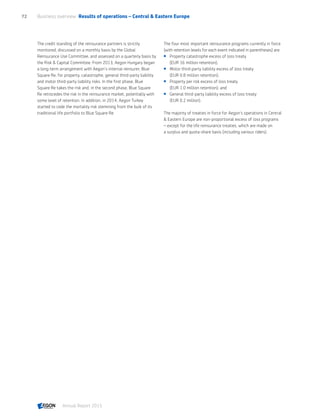 The credit standing of the reinsurance partners is strictly
monitored, discussed on a monthly basis by the Global
Reinsurance Use Committee, and assessed on a quarterly basis by
the Risk  Capital Committee. From 2013, Aegon Hungary began
a long-term arrangement with Aegon’s internal reinsurer, Blue
Square Re, for property, catastrophe, general third-party liability
and motor third-party liability risks. In the first phase, Blue
Square Re takes the risk and, in the second phase, Blue Square
Re retrocedes the risk in the reinsurance market, potentially with
some level of retention. In addition, in 2014, Aegon Turkey
started to cede the mortality risk stemming from the bulk of its
traditional life portfolio to Blue Square Re.
The four most important reinsurance programs currently in force
(with retention levels for each event indicated in parentheses) are:
 Property catastrophe excess of loss treaty
(EUR 16 million retention);
 Motor third-party liability excess of loss treaty
(EUR 0.8 million retention);
 Property per risk excess of loss treaty
(EUR 1.0 million retention); and
 General third-party liability excess of loss treaty
(EUR 0.2 million).
The majority of treaties in force for Aegon’s operations in Central
 Eastern Europe are non-proportional excess of loss programs
– except for the life reinsurance treaties, which are made on
a surplus and quota-share basis (including various riders).
Business overview  Results of operations – Central  Eastern Europe72
Annual Report 2015 CONTENTS
 