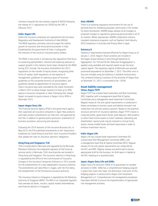transition towards the new solvency regime (C-ROSS) following
the release of 17 regulations on C-ROSS by the CIRC in
February 2015.
India: Aegon Life
Indian life insurance companies are regulated by the Insurance
Regulatory and Development Authority of India (IRDAI).
The IRDAI regulates, promotes and encourages the orderly
growth of insurance and reinsurance businesses in India.
Established by the government of India, it safeguards
the interests of the country's insurance policy holders.
The IRDAI is very active in introducing new regulations that focus
on protecting policyholders' interests and exploring avenues to
support growth in the industry. Some steps initiated by the IRDAI
during 2015 include: the Insurance Amendment Act 2015;
regulations on the transfer of equity shares; recognizing other
forms of capital; draft regulations on the expense of
management; guidelines on opening a place of business;
guidelines on the unclaimed amounts of policyholders; and
guidelines related to appointment of insurance agents.
India’s insurance laws were amended by the Indian Parliament
in March 2015 to allow foreign investors to hold up to 49%
equity in insurance companies in India. Following that change,
Aegon increased its equity interest in Aegon Life to 49% in
December 2015.
Japan: Aegon Sony Life
The Financial Services Agency (FSA) is the government agency
that supervises all insurance companies in Japan. New products
and major product amendments are filed with, and approved by,
the FSA, in addition to general policy provisions, statements of
business procedure, and pricing and valuation.
Following the 2014 revisions of the Insurance Business Act, in
May 2015, the FSA published amendments to the ‘Supervisory
Guidelines for Small Amount and Short Term Insurance Providers’
that update the rules on insurance solicitors’ obligations.
Hong Kong and Singapore: TLB
TLB is incorporated in Bermuda and regulated by the Bermuda
Monetary Authority, the integrated regulator of the financial
services sector in Bermuda. TLB’s Asia branches are located in
Hong Kong and Singapore. The insurance industry in Hong Kong
is regulated by the Office of the Commissioner of Insurance.
Changes to the Insurance Companies Ordinance in 2015 provide
for the establishment of a new independent insurance authority.
The amendments will take effect in stages, with the first being
the establishment of the Provisional Insurance Authority.
The insurance industry in Singapore is regulated by the Monetary
Authority of Singapore (MAS). The MAS is an integrated regulator
that oversees all banks, insurers, capital market intermediaries,
and financial advisors in Singapore.
Asia: ADAMS
There is an evolving regulatory environment for the use of
personal data for marketing purposes, particularly in the market
for direct distribution. ADAMS keeps abreast of all changes or
proposed changes to regulations governing personal data in all of
its markets. Where appropriate, ADAMS implements industry
standard compliance programs, such as Payment Card Industry
(PCI) Compliance in Australia and Privacy Mark in Japan.
Solvency II
Solvency II requirements became effective for Aegon Group as of
January 1, 2016. Aegon’s Asian activities are included in
the Aegon Group Solvency II ratio through Deduction 
Aggregation. For TLB and SA Re, Deduction  Aggregation is
applied using available and required capital as per the local
capital regime. The regulatory regime of Bermuda was granted
provisional equivalence on December 7, 2015. The other units in
Asia are included using the Solvency II standard formula basis.
The combined Solvency II position of the activities of Aegon Asia
on December 31, 2015, is estimated to be ~350%.
Asset liability management
China: Aegon THTF
Aegon THTF has a board-level Investment and Risk Committee
(IRC), together with a management-level Risk  Capital
Committee and a management-level Investment Committee.
Regular review of risk and capital requirements is conducted in
these committees to monitor asset and liability mismatch risk,
investment risk and the solvency position. Based on the payment
structure and term of insurance liabilities, Aegon THTF invests in
corporate bonds, government bonds, bank deposits, debt projects,
or other fixed income assets to match liabilities. Operating and
shareholders' equity funds may be invested in mutual funds,
stocks, money market funds and bond repurchase in order to
enhance investment returns.
India: Aegon Life
Aegon Life has a board-level Investment Committee (IC),
a board-level Risk Management Committee (RMC), and
a management-level Risk  Capital Committee (RCC). Regular
reviews of risk and capital requirements are conducted by
the RCC and RMC. Regular reviews are performed to ensure
appropriate ALM for the business. An ALM report is tabled at
the RCC meeting on a quarterly basis.
Japan: Aegon Sony Life and SARe
Aegon Sony Life reinsures 100% of its guarantees on variable
annuities to SARe. SARe has a comprehensive hedging program
in place that covers the major risk dimensions. Execution of this
hedging program is outsourced to Aegon USA Investment
Management LLC. Comprehensive risk management procedures
have been defined to ensure the implementation of appropriate
risk management activities.
75
CONTENTS
 