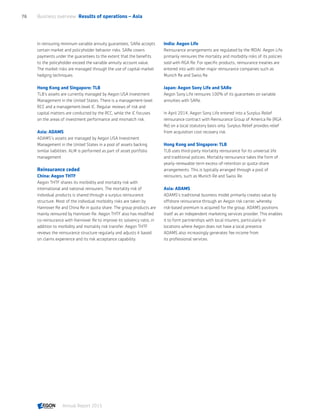 In reinsuring minimum variable annuity guarantees, SARe accepts
certain market and policyholder behavior risks. SARe covers
payments under the guarantees to the extent that the benefits
to the policyholder exceed the variable annuity account value.
The market risks are managed through the use of capital-market
hedging techniques.
Hong Kong and Singapore: TLB
TLB’s assets are currently managed by Aegon USA Investment
Management in the United States. There is a management-level
RCC and a management-level IC. Regular reviews of risk and
capital matters are conducted by the RCC, while the IC focuses
on the areas of investment performance and mismatch risk.
Asia: ADAMS
ADAMS’s assets are managed by Aegon USA Investment
Management in the United States in a pool of assets backing
similar liabilities. ALM is performed as part of asset portfolio
management.
Reinsurance ceded
China: Aegon THTF
Aegon THTF shares its morbidity and mortality risk with
international and national reinsurers. The mortality risk of
individual products is shared through a surplus reinsurance
structure. Most of the individual morbidity risks are taken by
Hannover Re and China Re in quota share. The group products are
mainly reinsured by Hannover Re. Aegon THTF also has modified
co-reinsurance with Hannover Re to improve its solvency ratio, in
addition to morbidity and mortality risk transfer. Aegon THTF
reviews the reinsurance structure regularly and adjusts it based
on claims experience and its risk acceptance capability.
India: Aegon Life
Reinsurance arrangements are regulated by the IRDAI. Aegon Life
primarily reinsures the mortality and morbidity risks of its policies
sold with RGA Re. For specific products, reinsurance treaties are
entered into with other major reinsurance companies such as
Munich Re and Swiss Re.
Japan: Aegon Sony Life and SARe
Aegon Sony Life reinsures 100% of its guarantees on variable
annuities with SARe.
In April 2014, Aegon Sony Life entered into a Surplus Relief
reinsurance contract with Reinsurance Group of America Re (RGA
Re) on a local statutory basis only. Surplus Relief provides relief
from acquisition cost recovery risk.
Hong Kong and Singapore: TLB
TLB uses third-party mortality reinsurance for its universal life
and traditional policies. Mortality reinsurance takes the form of
yearly-renewable term excess-of-retention or quota-share
arrangements. This is typically arranged through a pool of
reinsurers, such as Munich Re and Swiss Re.
Asia: ADAMS
ADAMS's traditional business model primarily creates value by
offshore reinsurance through an Aegon risk carrier, whereby
risk-based premium is acquired for the group. ADAMS positions
itself as an independent marketing services provider. This enables
it to form partnerships with local insurers, particularly in
locations where Aegon does not have a local presence.
ADAMS also increasingly generates fee income from
its professional services.
Business overview  Results of operations – Asia76
Annual Report 2015 CONTENTS
 