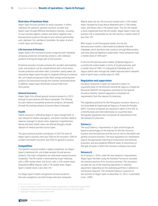 Overview of business lines
Aegon Spain focuses primarily on retail customers. It offers
individual life, pensions, general insurance, accident and
health cover through different distribution channels, including
its own channels (agents, brokers and direct), together with
bancassurance products through its joint venture partnerships
with Liberbank, S.A. and Banco Santander, the latter of which
in both Spain and Portugal.
Life insurance  Pensions
Aegon Spain's life insurance business comprises both individual
and group protection and savings products, with individual
products forming the larger part of the business.
Protection business includes primarily life, accident and disability
cover, and products can be complemented with critical illness,
income protection and other riders. Customers' saving needs are
serviced by Aegon Spain through its targeted offering of universal
life, unit-linked and pension funds. Both savings and protection
products are distributed through the channels mentioned above.
In addition, Aegon Spain distributes mutual funds from
third parties.
General insurance
Aegon Spain first offered general insurance products in 2013
through its joint venture with Banco Santander. The offering
focuses mainly on household protection products, distributed
through the banking network of partner Banco Santander.
Health
Health insurance is offered by Aegon in Spain through both its
own network of brokers and agents, and direct channels. Medical
expense coverage for doctor visits, diagnoses, hospitalization,
dental and other health covers are offered through a broad
network of medical partners across Spain.
The gross premium written contribution in 2015 for each of
Aegon Spain's business lines was 55% for life insurance, 20% for
accident and health insurance, and 25% for general insurance.
Competition
The Spanish insurance market is highly competitive. For Aegon
Spain's traditional life, unit-linked variable life and pension
products, the major competitors are retail bank-owned insurance
companies. The life market is dominated by Grupo VidaCaixa,
with a 28% market share, and Zurich, with a 12% market share,
followed by BBVA Seguros, with a 7% market share. Aegon
Spain's market share is less than 1%‍1
.
For Aegon Spain's health and general insurance products,
the main competitors are both foreign and local companies.
Mapfre leads the non-life insurance market with a 15% market
share, followed by Grupo Mutua Madrileña with a 13% market
share, and Allianz with a 7% market share. The non-life market
is more fragmented than the life market. Aegon Spain's multi-risk
business line is responsible for non-life and has a market share of
less than 1%‍2
.
With respect to the Portuguese market, the risk life
bancassurance market is dominated by Ocidental Vida and
Fidelidade, which distribute their products through Milleniumbcp
and Caixa Geral de Depósitos respectively. These companies have
a market share of 20% each‍3
.
In the non-life bancassurance market, Ocidental Seguros is
currently the market leader in terms of issued premiums, with
a market share of 34%. It is followed by Fidelidade and CA
Seguro (which sells through the Crédito Agricola branch network)
both of which have a market share of 14%‍3
.
Regulation and supervision
Insurance companies in Spain are required to report on
a quarterly basis to the Direccion General de Seguros y Fondos de
Pensiones (DGSFP), the regulatory authority for the Spanish
insurance industry. Spanish regulations incorporate all
requirements from the relevant EU directives.
The regulatory authority for the Portuguese insurance industry is
the Autoridade de Supervisão de Seguros e Fundos de Pensões
(ASF). Insurance companies are required to report to the ASF on
a monthly basis and more extensively on a quarterly basis.
Portuguese regulations also incorporate all requirements from
the relevant EU directives.
Solvency I
The local Solvency I requirements in Spain and Portugal are
based on percentages of the reserves for the life insurance
business and the premiums and the sum at risk for the health and
general insurance business. The local regulations for investments
require the appropriate matching of investments and technical
provisions, and also establish different levels of restrictions on
the type of assets in which the insurance company may invest.
Solvency II
As of January 1, 2016, under the new Solvency II requirements,
Aegon Spain has been using the Standard Formula to calculate
the solvency position of its insurance activities. The calculation
includes the use of the matching adjustment or volatility
adjustment, depending on the underlying portfolio in addition to
transitional measures. The combined Solvency II position of
the activities of Aegon Spain on December 31, 2015, is estimated
to be ~190%.
1	 Source: Investigación Cooperativa entre Entidades Aseguradoras y Fondos de Pensiones (ICEA).
2	 Investigación Cooperativa entre Entidades Aseguradoras y Fondos de Pensiones (ICEA).
3	 Associação Portuguesa de Seguradores (APS).
Business overview  Results of operations – Spain  Portugal78
Annual Report 2015 CONTENTS
 