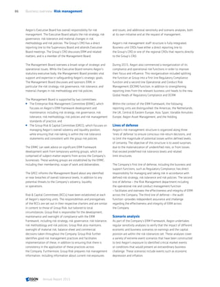 Aegon’s Executive Board has overall responsibility for risk
management. The Executive Board adopts the risk strategy, risk
governance, risk tolerance and material changes in risk
methodology and risk policies. The Group's CRO has a direct
reporting line to the Supervisory Board and attends Executive
Board meetings. The Group’s CRO discusses ERM and related
matters, and is a member of the Management Board.
The Management Board oversees a broad range of strategic and
operational issues. While the Executive Board remains Aegon’s
statutory executive body, the Management Board provides vital
support and expertise in safeguarding Aegon’s strategic goals.
The Management Board discusses and sponsors ERM, in
particular the risk strategy, risk governance, risk tolerance, and
material changes in risk methodology and risk policies.
The Management Board is supported by two committees:
 The Enterprise Risk Management Committee (ERMC), which
focuses on Aegon’s ERM framework development and
maintenance, including risk strategy, risk governance, risk
tolerance, risk methodology, risk policies and risk management
standards of practice; and
 The Group Risk  Capital Committee (GRCC), which focuses on
managing Aegon’s overall solvency and liquidity position,
while ensuring that risk-taking is within the risk tolerance
statements and consistent with the group risk policies.
The ERMC can seek advice on significant ERM framework
development work from temporary working groups, which are
comprised of subject-matter experts from across the Company's
businesses. These working groups are established by the ERMC,
including their membership, scope of work and deliverables.
The GRCC informs the Management Board about any identified
or near breaches of overall tolerance levels, in addition to any
potential threats to the Company’s solvency, liquidity
or operations.
Risk  Capital Committees (RCCs) have been established at each
of Aegon’s reporting units. The responsibilities and prerogatives
of the RCCs are set out in their respective charters and are similar
in content to those of Group Risk, but tailored to local
circumstances. Group Risk is responsible for the development,
maintenance and oversight of compliance with the ERM
framework, including risk strategy, risk governance, risk tolerance,
risk methodology and risk policies. Group Risk also maintains
oversight of material risk, balance sheet and commercial
decisions taken throughout the Company. Group Risk further
identifies good risk management practices and facilitates
implementation of these, in addition to ensuring that there is
consistency in the application of these practices across
the Company. Furthermore, Group Risk prepares risk management
information, including information about current risk exposures
and issues, and additional sensitivity and scenario analyses, both
at its own initiative and at the request of management.
Aegon’s risk management staff structure is fully integrated.
Business unit CROs have either a direct reporting line to
the Group's CRO or one of the regional CROs that reports directly
to the Group's CRO.
During 2015, Aegon also commenced a reorganization of its
compliance and operational risk functions in order to improve
their focus and influence. This reorganization included splitting
the function at Group into a first line Regulatory Compliance
function and a second line Operational and Conduct Risk
Management (OCRM) function, in addition to strengthening
reporting lines from the relevant business unit heads to the new
Global Heads of Regulatory Compliance and OCRM.
Within the context of the ERM framework, the following
reporting units are distinguished: the Americas, the Netherlands,
the UK, Central  Eastern Europe, Asia, Spain, Variable Annuities
Europe, Aegon Asset Management, and the Holding.
Lines of defense
Aegon’s risk management structure is organized along three
'lines of defense' to ensure conscious risk-return decisions, and
to limit the magnitude of potential losses within defined levels
of certainty. The objective of this structure is to avoid surprises
due to the materialization of unidentified risks, or from losses
that exceed predefined risk tolerance levels and related
limit structures.
The Company's first line of defense, including the business and
support functions, such as Regulatory Compliance, has direct
responsibility for managing and taking risk in accordance with
defined risk strategy, risk tolerance and risk policies. The second
line of defense – the Risk Management department including
the operational risk and conduct management function
– facilitates and oversees the effectiveness and integrity of ERM
across the Company. The third line of defense – the audit
function –provides independent assurance and challenge
regarding the effectiveness and integrity of ERM across
the Company.
Scenario analysis
As part of the Company's ERM Framework, Aegon undertakes
regular sensitivity analyses to verify that the impact of different
economic and business scenarios on earnings and the capital
position are within the risk tolerances set. These analyses cover
a variety of extreme event scenarios that have been constructed
to test Aegon’s exposure to identified critical market events
or conditions that would present an extraordinary business
challenge. These scenarios include events such as economic
depression and inflation.
Business overview  Risk management86
Annual Report 2015 CONTENTS
 