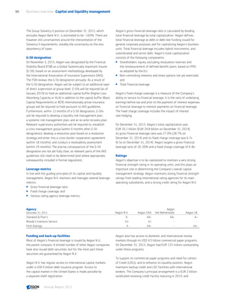 The Group Solvency II position on December 31, 2015, which
excludes Aegon Bank N.V., is estimated to be ~160%. There are
however still uncertainties around the interpretation of the
Solvency II requirements, notably the uncertainty on the loss
absorbency of taxes.
G-SII designation
On November 3, 2015, Aegon was designated by the Financial
Stability Board (FSB) as a Global Systemically Important Insurer
(G-SII), based on an assessment methodology developed by
the International Association of Insurance Supervisors (IAIS).
The FSB reviews the G-SII designation annually. As a result of
the G-SII designation, Aegon will be subject to an additional layer
of direct supervision at group level. G-SIIs will be required (as of
January 2019) to hold an additional capital buffer (Higher Loss
Absorbing Capacity or HLA) in addition to the capital buffer (Basic
Capital Requirements or BCR) internationally active insurance
groups will be required to hold pursuant to IAIS guidelines.
Furthermore, within 12 months of a G-SII designation, G-SIIs
will be required to develop a liquidity risk management plan,
a systemic risk management plan, and an ex ante recovery plan.
Relevant supervisory authorities will be required to: establish
a crisis management group (within 6 months after G-SII
designation); develop a resolution plan based on a resolution
strategy and enter into a cross-border cooperation agreement
(within 18 months); and conduct a resolvability assessment
(within 24 months). The precise consequences of the G-SII
designation are not yet fully clear, as relevant parts of the IAIS
guidelines still need to be determined (and where appropriate,
subsequently included in formal regulation).
Leverage metrics
In line with the guiding principles of its capital and liquidity
management, Aegon N.V. monitors and manages several leverage
metrics:
 Gross financial leverage ratio;
 Fixed charge coverage; and
 Various rating agency leverage metrics.
Aegon’s gross financial leverage ratio is calculated by dividing
total financial leverage by total capitalization. Aegon defines
total financial leverage as debt or debt-like funding issued for
general corporate purposes and for capitalizing Aegon’s business
units. Total financial leverage includes hybrid instruments, and
subordinated and senior debt. Aegon’s total capitalization
consists of the following components:
 Shareholders’ equity, excluding revaluation reserves and
the remeasurement of defined benefit plans, based on IFRS
as adopted by the EU;
 Non-controlling interests and share options not yet exercised;
and
 Total financial leverage.
Aegon’s fixed charge coverage is a measure of the Company's
ability to service its financial leverage. It is the ratio of underlying
earnings before tax and prior to the payment of interest expenses
on financial leverage to interest payments on financial leverage.
The fixed charge coverage includes the impact of interest
rate hedging.
On December 31, 2015, Aegon’s total capitalization was
EUR 26.1 billion (EUR 24.8 billion on December 31, 2014),
its gross financial leverage ratio was 27.0% (28.7% on
December 31, 2014) and its fixed charge coverage was 6.7x
(6.5x on December 31, 2014). Aegon targets a gross financial
leverage ratio of 26-30% and a fixed charge coverage of 6-8x.
Ratings
Aegon’s objective is to be capitalized to maintain a very strong
financial strength rating in its operating units, and this plays an
important role in determining the Company's overall capital
management strategy. Aegon maintains strong financial strength
ratings from leading international rating agencies for its main
operating subsidiaries, and a strong credit rating for Aegon N.V.
Agency
December 31, 2015 Aegon N.V. Aegon USA
Aegon
the Netherlands Aegon UK
Standard  Poor's A- AA- AA- A+
Moody's Investors Service A3 A1 - -
Fitch Ratings A AA- - AA-
Funding and back-up facilities
Most of Aegon’s financial leverage is issued by Aegon N.V.,
the parent company. A limited number of other Aegon companies
have also issued debt securities, but for the most part these
securities are guaranteed by Aegon N.V.
Aegon N.V. has regular access to international capital markets
under a USD 6 billion debt issuance program. Access to
the capital market in the United States is made possible by
a separate shelf registration.
Aegon also has access to domestic and international money
markets through its USD 4.5 billion commercial paper programs.
On December 31, 2015, Aegon had EUR 125 million outstanding
under these programs.
To support its commercial paper programs and need for Letters
of Credit (LOCs), and to enhance its liquidity position, Aegon
maintains backup credit and LOC facilities with international
lenders. The Company's principal arrangement is a EUR 2 billion
syndicated revolving credit facility maturing in 2019, and
Business overview  Capital and liquidity management90
Annual Report 2015 CONTENTS
 