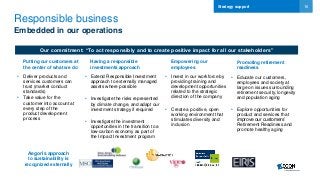 16
Responsible business
• Extend Responsible Investment
approach to externally managed
assets where possible
• Investigate the risks represented
by climate change, and adapt our
investment strategy if required
• Investigate the investment
opportunities in the transition to a
low-carbon economy as part of
the Impact Investment program
• Educate our customers,
employees and society at
large on issues surrounding
retirement security, longevity
and population aging
• Explore opportunities for
product and services that
improve our customers’
Retirement Readiness and
promote healthy aging
Our commitment: “To act responsibly and to create positive impact for all our stakeholders”
Putting our customers at
the center of what we do
Having a responsible
investments approach
Empowering our
employees
Promoting retirement
readiness
• Invest in our workforce by
providing training and
development opportunities
related to the strategic
direction of the company
• Create a positive, open
working environment that
stimulates diversity and
inclusion
Aegon’s approach
to sustainability is
recognized externally
Embedded in our operations
• Deliver products and
services customers can
trust (market conduct
standards)
• Take value for the
customer into account at
every step of the
product development
process
Strategy support
 