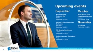 32
Upcoming events
September
Morgan Stanley
Corporate Day
Dublin
September 4, 2014
October
BofA Merrill Lynch
Financial Conference
London
1-2 October, 2014
Barclays Financial Services
Conference
New York
September 8, 2014
ING Benelux Conference
London
September 10, 2014
Kepler Cheuvreux Conference
Paris
September 18, 2014
November
Q3 results
November 13, 2014
 