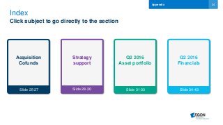 24
Index
Click subject to go directly to the section
Appendix
Q2 2016
Financials
Slide 34-43
Q2 2016
Asset portfolio
Slide 31-33
Strategy
support
Slide 28-30
Acquisition
Cofunds
Slide 25-27
 