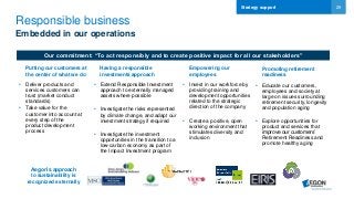 29
Responsible business
• Extend Responsible Investment
approach to externally managed
assets where possible
• Investigate the risks represented
by climate change, and adapt our
investment strategy if required
• Investigate the investment
opportunities in the transition to a
low-carbon economy as part of
the Impact Investment program
• Educate our customers,
employees and society at
large on issues surrounding
retirement security, longevity
and population aging
• Explore opportunities for
product and services that
improve our customers’
Retirement Readiness and
promote healthy aging
Our commitment: “To act responsibly and to create positive impact for all our stakeholders”
Putting our customers at
the center of what we do
Having a responsible
investments approach
Empowering our
employees
Promoting retirement
readiness
• Invest in our workforce by
providing training and
development opportunities
related to the strategic
direction of the company
• Create a positive, open
working environment that
stimulates diversity and
inclusion
Aegon’s approach
to sustainability is
recognized externally
Embedded in our operations
• Deliver products and
services customers can
trust (market conduct
standards)
• Take value for the
customer into account at
every step of the
product development
process
Strategy support
 
