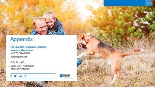 1313
For questions please contact
Investor Relations
+31 70 344 8305
ir@aegon.com
P.O. Box 85
2501 CB The Hague
The Netherlands
Appendix
 