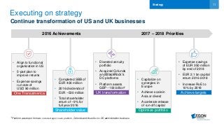 11
Achieve targets
Optimize portfolio
2017 – 2018 Priorities2016 Achievements
One Transamerica UK transformation
Shareholder value
Executing on strategy
Continue transformation of US and UK businesses
Strategy
• Align to functional
organization in US
• 5-part plan to
improve returns
• Expense savings
run-rate of
USD 90 million
• Completed SBB of
EUR 400 million
• 2016 dividends of
EUR ~530 million
• Total shareholder
return of ~9% for
full year 2016
• Divested annuity
portfolio
• Acquired Cofunds
and BlackRock’s
DC platforms
• Platform assets
GBP ~100 billion*
• Expense savings
of EUR 350 million
by end of 2018
• EUR 2.1 bn capital
return 2016-2018
• Increase RoE to
10% by 2018
• Capitalize on
synergies in
Europe
• Achieve scale in
Asia or divest
• Accelerate release
of run-off capital
* Platform assets pro forma to include Aegon’s own platform, Cofunds and BlackRock’s DC administration business
 