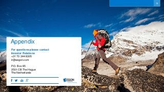 1313
For questions please contact
Investor Relations
+31 70 344 8305
ir@aegon.com
P.O. Box 85
2501 CB The Hague
The Netherlands
Appendix
 
