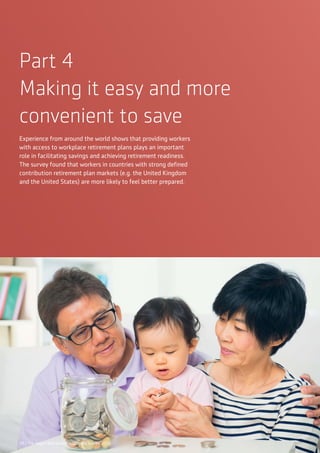 20 | The Aegon Retirement Readiness Survey 2016
Part 4
Making it easy and more
convenient to save
Experience from around the world shows that providing workers
with access to workplace retirement plans plays an important
role in facilitating savings and achieving retirement readiness.
The survey found that workers in countries with strong defined
contribution retirement plan markets (e.g. the United Kingdom
and the United States) are more likely to feel better prepared.
20 | The Aegon Retirement Readiness Survey 2016
 
