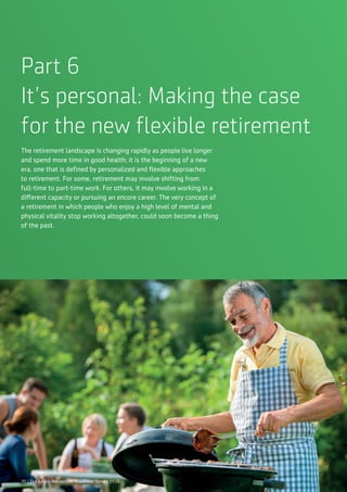 30 | The Aegon Retirement Readiness Survey 2016
Part 6
It’s personal: Making the case
for the new flexible retirement
The retirement landscape is changing rapidly as people live longer
and spend more time in good health; it is the beginning of a new
era, one that is defined by personalized and flexible approaches
to retirement. For some, retirement may involve shifting from
full-time to part-time work. For others, it may involve working in a
different capacity or pursuing an encore career. The very concept of
a retirement in which people who enjoy a high level of mental and
physical vitality stop working altogether, could soon become a thing
of the past.
30 | The Aegon Retirement Readiness Survey 2016
 