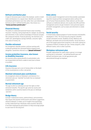 40 | The Aegon Retirement Readiness Survey 2016
Defined contribution plan
A type of retirement plan in which the employer, worker or both
make contributions on a regular basis. Benefits are linked to
investment performance over time rather than a pre-determined
formula as seen in defined benefit plans. Also known as a
“money-purchase pension plan.”
Financial literacy
The ability to understand personal finance areas including:
insurance, investing, saving (especially for college), tax planning
and retirement. It also involves knowledge of financial concepts
like compound interest, financial planning, the mechanics of a
credit card, advantageous savings methods, consumer rights,
time value of money, etc.
Flexible retirement
An arrangement whereby workers continue working with
a reduced workload into retirement before stopping work
altogether. Sometimes referred to as “phased retirement.”
Income protection insurance, also known
as disability insurance
An insurance policy paying benefits to policyholders who
are incapacitated and hence unable to work due to illness
or accident.
Life insurance
Insurance that pays out a sum of money either on the death
of the insured person or after a set period.
Matched retirement plan contributions
An arrangement where an individual’s contributions to a
retirement plan are “matched” by funds from an employer
or government.
Normal retirement age
The age at which an individual accrues full rights to their
retirement benefits. The specific age varies by country and
sometimes within countries based on the year an individual
was born.
Nudge theory
Concept in behavioral science, political theory, and economics
that argues that positive reinforcement and indirect suggestions
influence behavior. It makes use of insights from psychology
to help understand how individuals make economic decisions.
It has been employed by policymakers to help encourage people
to save more for the long term.
Robo advice
An online wealth management service that provides automated,
algorithm-based portfolio management advice without the
use of human financial planners. Robo-advisors use the same
software as traditional advisors, but usually only offer portfolio
management and do not get involved in more personal aspects
of wealth management, such as taxes and retirement or estate
planning.
Social security
A United States federal program of social insurance and benefits
developed in 1935. The Social Security program’s benefits
include retirement income, disability income, Medicare and
Medicaid, and death and survivorship benefits. Social Security is
one of the largest government programs in the world, paying out
hundreds of billions of dollars per year. Similar programs, under
different names, exist in other countries.
Workplace retirement plan
Provides replacement for salary when a person is no longer
working due to retirement – see defined benefit plan and
defined contribution plan. An old-age pension plan
administered through an employer.
 
