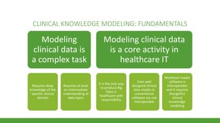 CLINICAL KNOWLEDGE MODELING: FUNDAMENTALS
Modeling
clinical data is
a complex task
Requires deep
knowledge of the
specific clinical
domain
Requires at least
an intermediate
understanding of
data types
Modeling clinical data
is a core activity in
healthcare IT
It is the only way
to produce Big
Data in
healthcare with
responsibility
Even well
designed clinical
data modes in
conventional
software are not
interoperable
Multilevel model
software is
interoperable
and it requires
thoughtful
clinical
knowledge
modeling
 