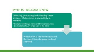 MYTH #2: BIG DATA IS NEW
Collecting, processing and analyzing sheer
amounts of data is not a new activity in
mankind
• Example: Middle Age monks and their concordances
(correlations of every single word in the Bible)
What is new is the volume size and
the speed it can be processed and
analyzed
 