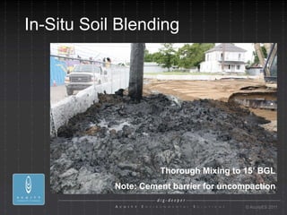 In-Situ Soil Blending




                      Thorough Mixing to 15’ BGL
            Note: Cement barrier for uncompaction

                                          © AcuityES 2011
 