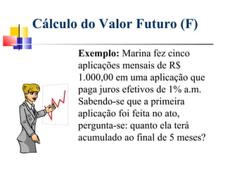 Cálculo do Valor Futuro (F)

       Exemplo: Marina fez cinco
       aplicações mensais de R$
       1.000,00 em uma aplicação que
       paga juros efetivos de 1% a.m.
       Sabendo-se que a primeira
       aplicação foi feita no ato,
       pergunta-se: quanto ela terá
       acumulado ao final de 5 meses?
 