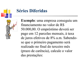 Séries Diferidas

  Exemplo: uma empresa conseguiu um
  financiamento no valor de R$
  50.000,00. O empréstimo deverá ser
  pago em 12 parcelas mensais, à taxa
  de juros efetivos de 8% a.m. Sabendo-
  se que o primeiro pagamento será
  realizado no final do terceiro mês
  (prazo de carência), calcule o valor
  das prestações:
 