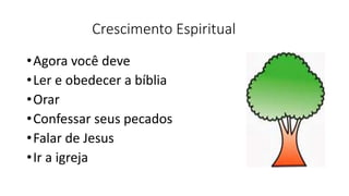 Crescimento Espiritual
•Agora você deve
•Ler e obedecer a bíblia
•Orar
•Confessar seus pecados
•Falar de Jesus
•Ir a igreja
 