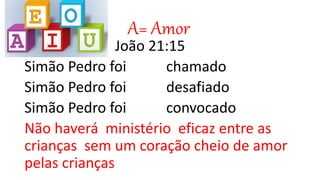 A= Amor
João 21:15
Simão Pedro foi chamado
Simão Pedro foi desafiado
Simão Pedro foi convocado
Não haverá ministério eficaz entre as
crianças sem um coração cheio de amor
pelas crianças
 