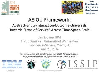 AEIOU Framework:
Abstract-Entity-Interaction-Outcome-Universals
Towards “Laws of Service” Across Time-Space-Scale
Jim Spohrer, IBM
Haluk Demirkan, University of Washington
Frontiers in Service, Miami, FL
June 28, 2014
11/15/2015 (c) 2014 IBM UP (University Programs) 1
This presentation with speaker notes is available for download at:
http://www.slideshare.net/spohrer/frontiers-20140628-v3
 