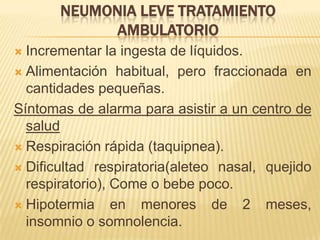 NEUMONIA LEVE TRATAMIENTO
AMBULATORIO
 Incrementar la ingesta de líquidos.
 Alimentación habitual, pero fraccionada en
cantidades pequeñas.
Síntomas de alarma para asistir a un centro de
salud
 Respiración rápida (taquipnea).
 Dificultad respiratoria(aleteo nasal, quejido
respiratorio), Come o bebe poco.
 Hipotermia en menores de 2 meses,
insomnio o somnolencia.
 