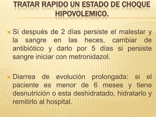 TRATAR RAPIDO UN ESTADO DE CHOQUE
HIPOVOLEMICO.
 Si después de 2 días persiste el malestar y
la sangre en las heces, cambiar de
antibiótico y darlo por 5 días si persiste
sangre iniciar con metronidazol.
 Diarrea de evolución prolongada: si el
paciente es menor de 6 meses y tiene
desnutrición o esta deshidratado, hidratarlo y
remitirlo al hospital.
 