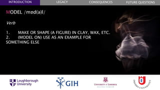 MODEL /mɒd(ə)l/
Verb
1. MAKE OR SHAPE (A FIGURE) IN CLAY, WAX, ETC.
2. (MODEL ON) USE AS AN EXAMPLE FOR
SOMETHING ELSE
FUTURE QUESTIONSLEGACYINTRODUCTION CONSEQUENCES
 