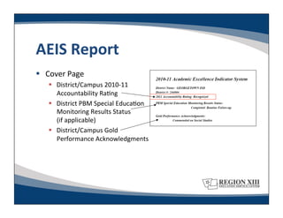 AEIS	
  Report	
  
  Cover	
  Page	
  
       District/Campus	
  2010-­‐11	
  
        Accountability	
  Ra-ng	
  
       District	
  PBM	
  Special	
  Educa-on	
  
        Monitoring	
  Results	
  Status	
  	
  	
  	
  	
  	
  	
  	
  	
  
        (if	
  applicable)	
  
       District/Campus	
  Gold	
  
        Performance	
  Acknowledgments	
  
 