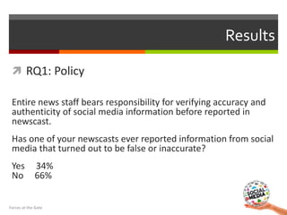  RQ1: Policy
Entire news staff bears responsibility for verifying accuracy and
authenticity of social media information b...