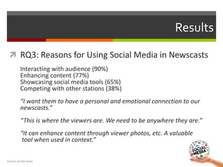  RQ3: Reasons for Using Social Media in Newscasts
Interacting with audience (90%)
Enhancing content (77%)
Showcasing soci...