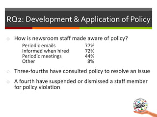 o How is newsroom staff made aware of policy?
Periodic emails 77%
Informed when hired 72%
Periodic meetings 44%
Other 8%
o...