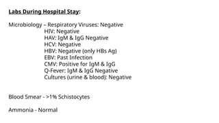 Labs During Hospital Stay:
Microbiology – Respiratory Viruses: Negative
HIV: Negative
HAV: IgM & IgG Negative
HCV: Negative
HBV: Negative (only HBs Ag)
EBV: Past Infection
CMV: Positive for IgM & IgG
Q-Fever: IgM & IgG Negative
Cultures (urine & blood): Negative
Blood Smear - >1% Schistocytes
Ammonia - Normal
 