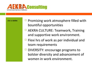AEKRA Consulting
Life in AEKRA









Promising work atmosphere filled with
bountiful opportunities
AEKRA CULTURE: Teamwork, Training
and supportive work environment.
Flexi hrs of work as per individual and
team requirements
DIVERSITY: encourage programs to
bolster diversity and advancement of
women in work environment.

 