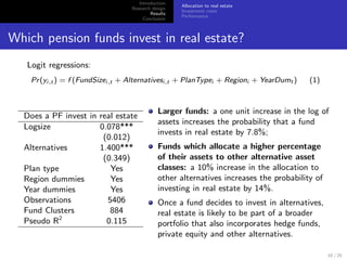 Introduction
                                                    Allocation to real estate
                                  Research design
                                                    Investment costs
                                          Results
                                                    Performance
                                       Conclusion



Which pension funds invest in real estate?
   Logit regressions:
    Pr (yi,t ) = f (FundSizei,t + Alternativesi,t + PlanTypei + Regioni + YearDumt )    (1)



                                             Larger funds: a one unit increase in the log of
  Does a PF invest in real estate
                                             assets increases the probability that a fund
  Logsize             0.078***
                                             invests in real estate by 7.8%;
                       (0.012)
  Alternatives        1.400***               Funds which allocate a higher percentage
                       (0.349)               of their assets to other alternative asset
  Plan type              Yes                 classes: a 10% increase in the allocation to
  Region dummies         Yes                 other alternatives increases the probability of
  Year dummies           Yes                 investing in real estate by 14%.
  Observations          5406                 Once a fund decides to invest in alternatives,
  Fund Clusters          884                 real estate is likely to be part of a broader
  Pseudo R2             0.115                portfolio that also incorporates hedge funds,
                                             private equity and other alternatives.

                                                                                               10 / 25
 