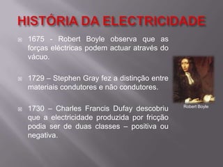 HISTÓRIA DA ELECTRICIDADE1675 - Robert Boyle observa que as forças eléctricas podem actuar através do vácuo.1729 – Stephen Gray fez a distinção entre materiais condutores e não condutores.1730 – Charles Francis Dufay descobriu que a electricidade produzida por fricção podia ser de duas classes – positiva ou negativa.Robert Boyle