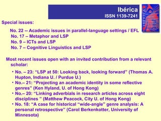 Special issues:
No. 22 -- Academic issues in parallel-language settings / EFL
No. 17 – Metaphor and LSP
No. 9 – ICTs and LSP
No. 7 – Cognitive Linguistics and LSP
Ibérica
ISSN 1139-7241
Most recent issues open with an invited contribution from a relevant
scholar:
• No. – 23: “LSP at 50: Looking back, looking forward” (Thomas A.
Hupton, Indiana U. / Purdue U.)
• No.– 21: “Projecting an academic identity in some reflective
genres” (Ken Hyland, U. of Hong Kong)
• No.– 20: “Linking adverbials in research articles across eight
disciplines ” (Matthew Peacock, City U. of Hong Kong)
• No. 18: “A case for historical “wide-angle” genre analysis: A
personal retrospective” (Carol Berkenkotter, University of
Minnesota)
 