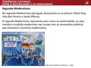 TENDÊNCIAS CULTURAIS:
ENTRE O NATURALISMO E AS VANGUARDAS
Segundo Modernismo
No segundo Modernismo português destacaram-se na pintura: Mário Eloy,
Júlio Reis Pereira e Sarah Affonso.
O segundo Modernismo representa uma rutura na continuidade, ou seja,
mantém a tradição modernista mas rompe com as convenções estéticas
que marcaram o primeiro modernismo.
Mário Eloy, Bailarico no bairro, c. 1936.
 