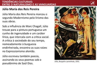 TENDÊNCIAS CULTURAIS:
ENTRE O NATURALISMO E AS VANGUARDAS
Júlio Maria dos Reis Pereira
Júlio Maria dos Reis Pereira marcou o
segundo Modernismo pelo lirismo das
suas obras.
Sob a influência de Marc Chagall, Júlio
trouxe para a pintura portuguesa um
cunho de ingenuidade e um caráter
lírico, que intercala com a crítica social.
A crítica à sociedade do seu tempo,
nomeadamente à burguesia
endinheirada, encontra as suas raízes
no Expressionismo alemão.
Júlio escreveu também poesia,
assinando os seus poemas sob o
pseudónimo de Saúl Dias.
Júlio, Burguês e prostituta, 1931.
 