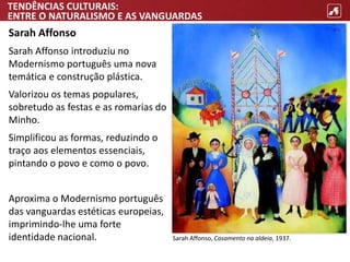 TENDÊNCIAS CULTURAIS:
ENTRE O NATURALISMO E AS VANGUARDAS
Sarah Affonso
Sarah Affonso introduziu no
Modernismo português uma nova
temática e construção plástica.
Valorizou os temas populares,
sobretudo as festas e as romarias do
Minho.
Simplificou as formas, reduzindo o
traço aos elementos essenciais,
pintando o povo e como o povo.
Aproxima o Modernismo português
das vanguardas estéticas europeias,
imprimindo-lhe uma forte
identidade nacional. Sarah Affonso, Casamento na aldeia, 1937.
 