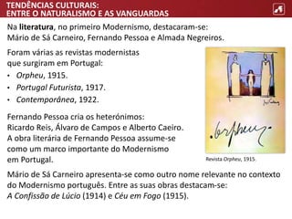TENDÊNCIAS CULTURAIS:
ENTRE O NATURALISMO E AS VANGUARDAS
Na literatura, no primeiro Modernismo, destacaram-se:
Mário de Sá Carneiro, Fernando Pessoa e Almada Negreiros.
Foram várias as revistas modernistas
que surgiram em Portugal:
• Orpheu, 1915.
• Portugal Futurista, 1917.
• Contemporânea, 1922.
Fernando Pessoa cria os heterónimos:
Ricardo Reis, Álvaro de Campos e Alberto Caeiro.
A obra literária de Fernando Pessoa assume-se
como um marco importante do Modernismo
em Portugal.
Mário de Sá Carneiro apresenta-se como outro nome relevante no contexto
do Modernismo português. Entre as suas obras destacam-se:
A Confissão de Lúcio (1914) e Céu em Fogo (1915).
Revista Orpheu, 1915.
 